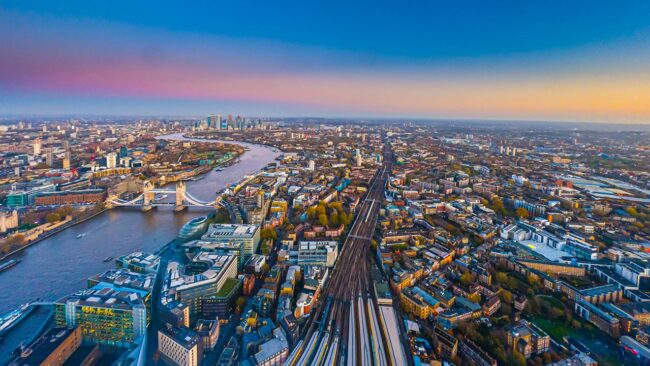 London Skyline Aerial view of London showing the river thames and london bridge and the city